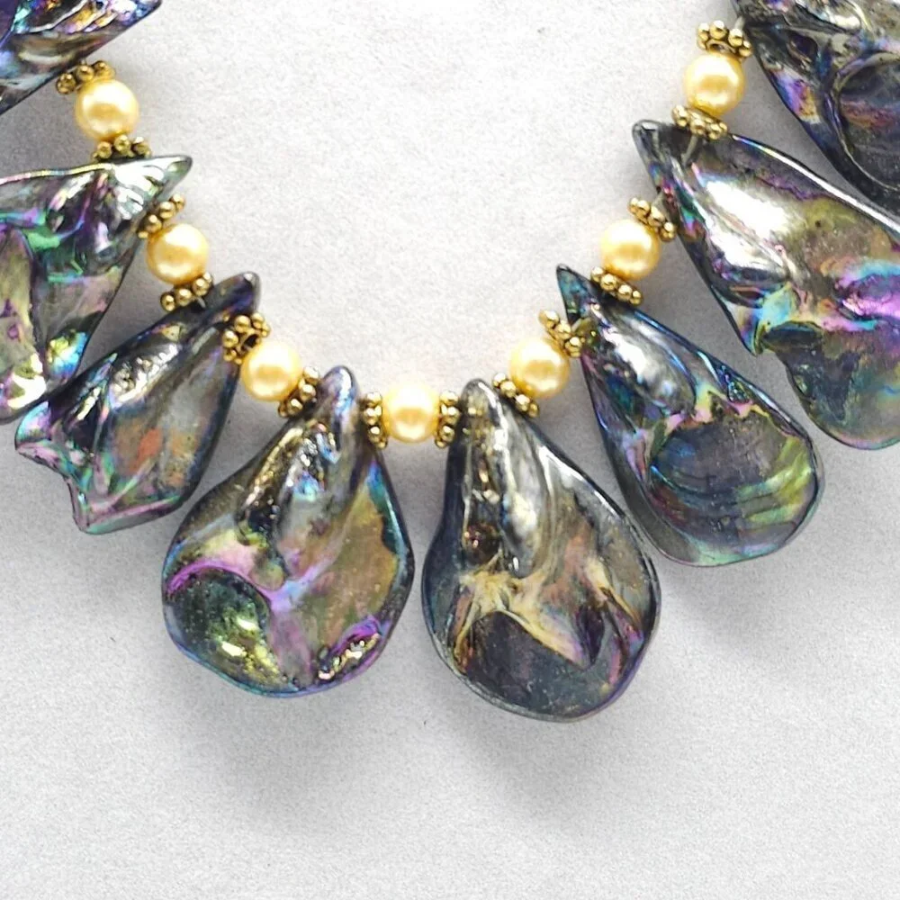 Iridescent Abalone Shell Gold Tone Bead Statement Necklace With Chain Link Clasp